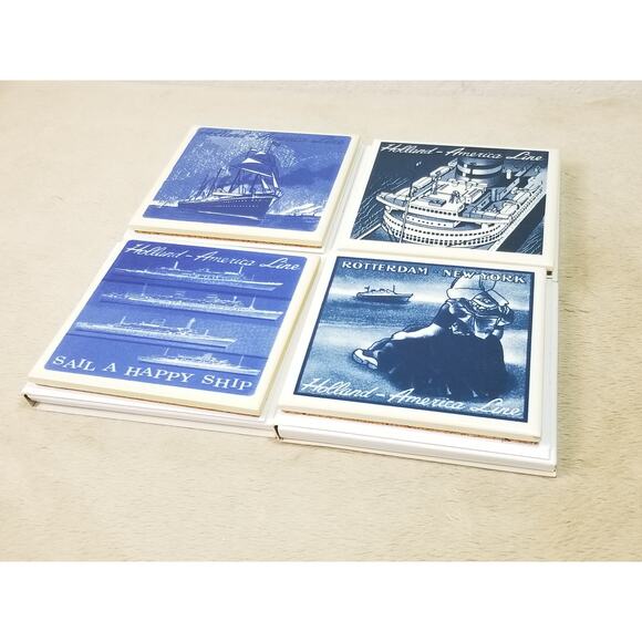 Coaster Holland America Line Ceramic Tile Delft Blue Cork Back New Box Vintage - Picture 8 of 13
